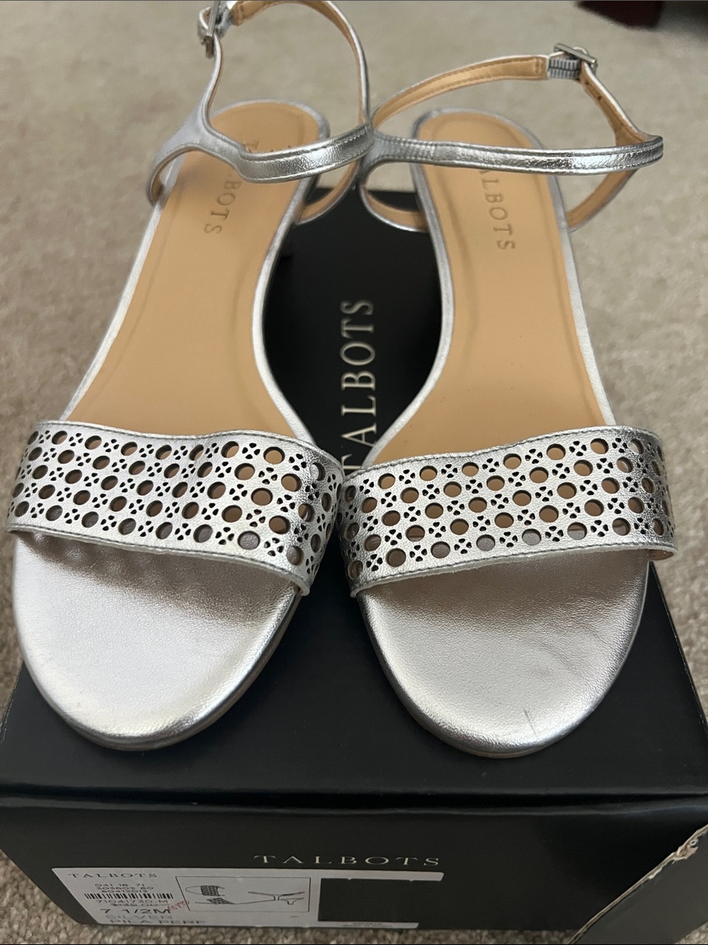Talbots Metallic Silver Laser-Cut Ankle-Strap Sandals brand new in box